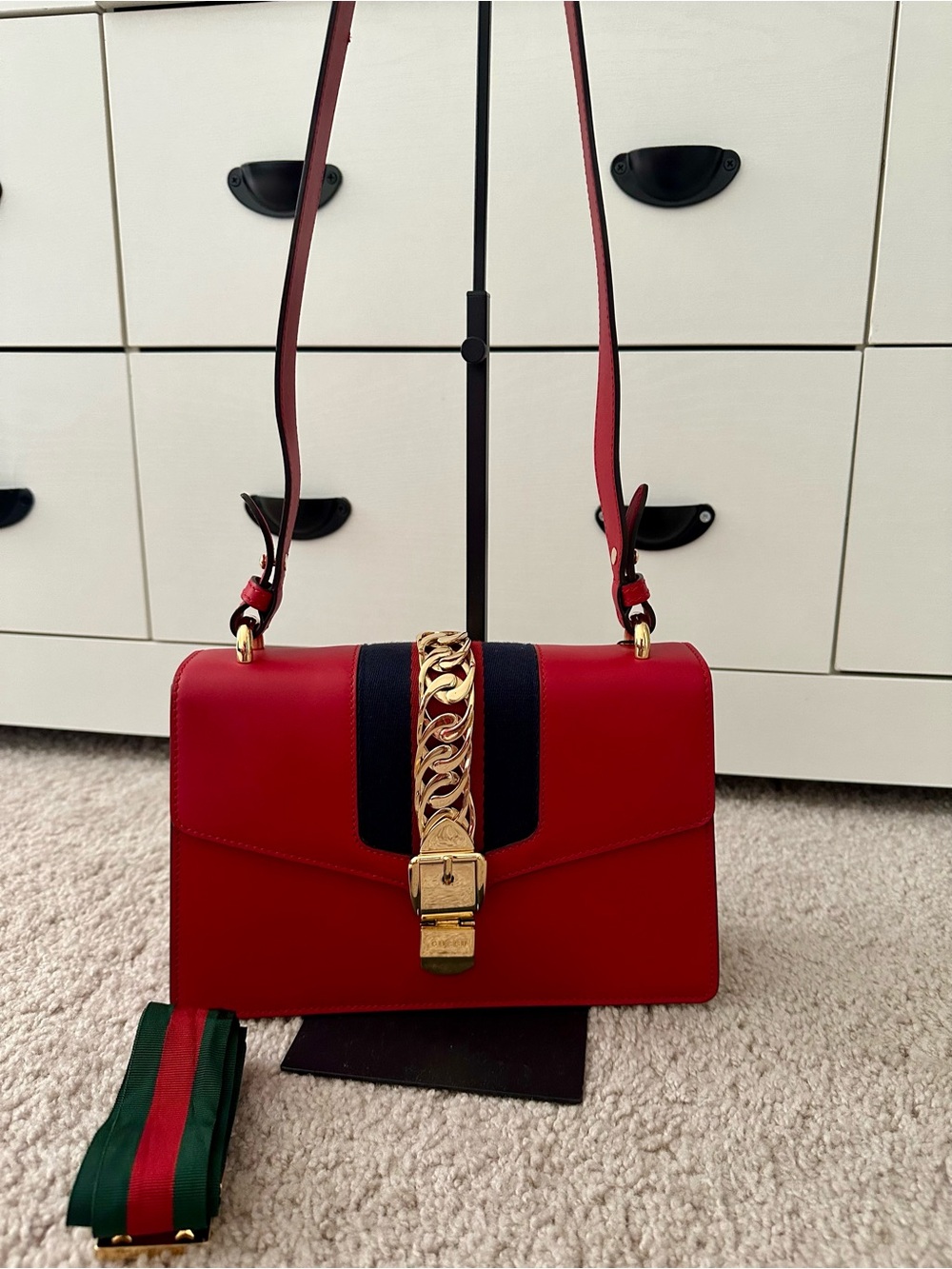 Red Gucci Sylvie Leather Shoulder Bag with Gold Chain Accent